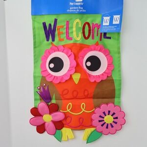 Pier 1 Imports Owl Garden Flag Welcome Floral 3D Embroidered Green Orange 2014